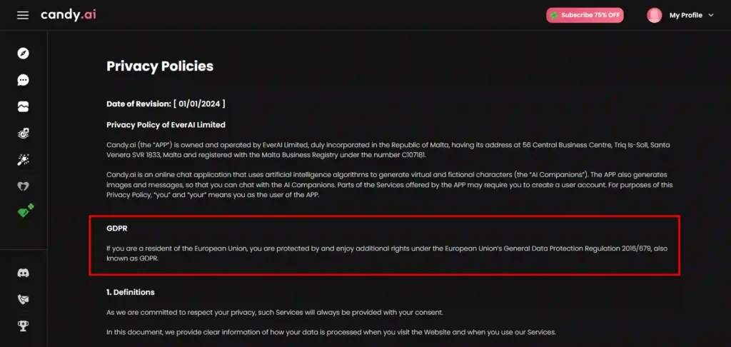 Candy AI data privacy policy