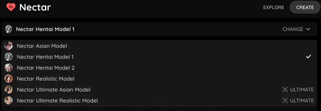 Nectar AI's image generator model selection